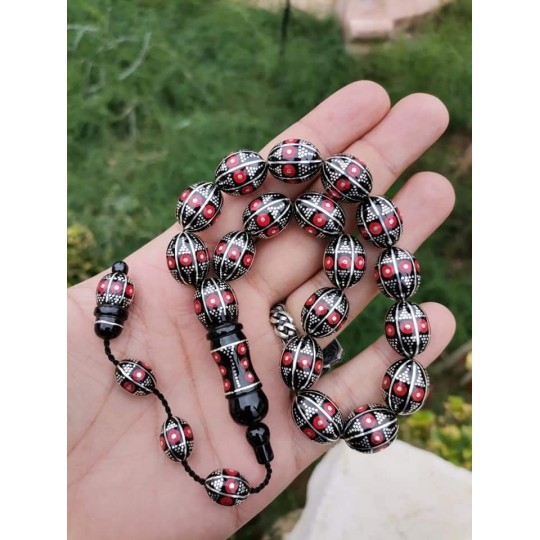 FİRUZE MERCAN GÜMÜŞ İŞLEMELİ ERZURUM OLTU TAŞI EFE MASKOT TESBİH