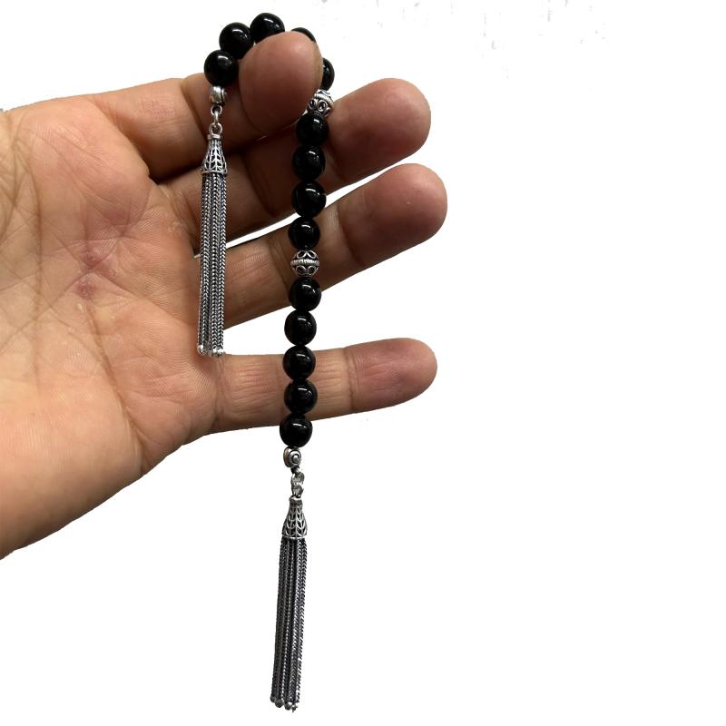 Sade Oltu Taşı Zaza Tesbih Gümüş Püsküllü 8 mm Oltu Tesbih