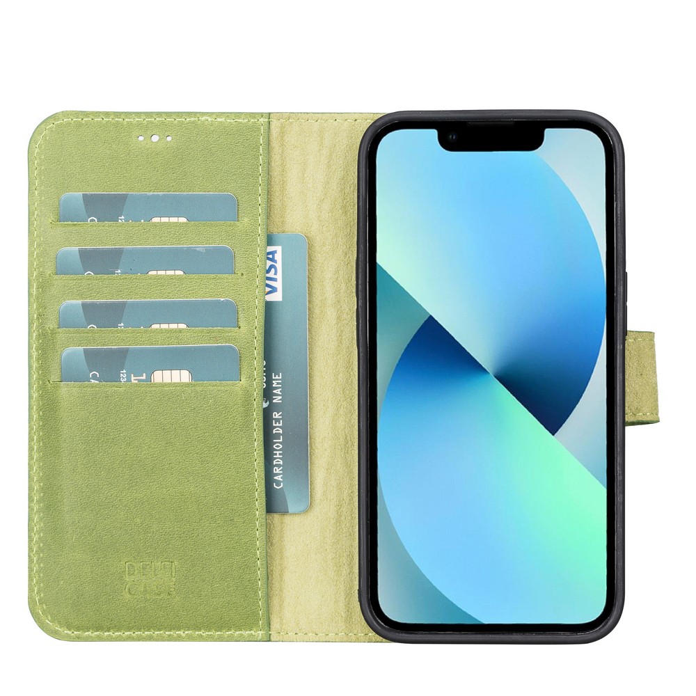 Apple iPhone 13 Pro Uyumlu Deri Cüzdanlı Kılıf Antik yeşil