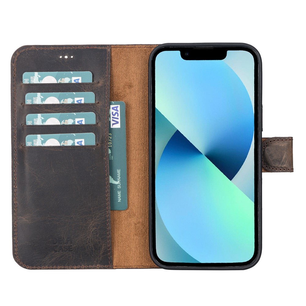 Apple iPhone 13 Pro Max Uyumlu Deri Cüzdanlı Kılıf Acı Kahve