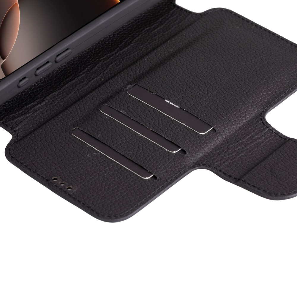 Apple iPhone 16 Pro Max uyumlu, Hakiki Deri, El Yapımı, Cüzdanlı Kılıf, Parlak Siyah