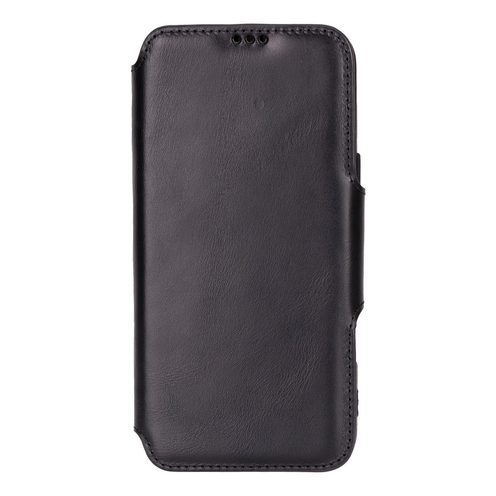 Apple iPhone 16 Pro Max uyumlu, Hakiki Deri, El Yapımı, Cüzdanlı Kılıf, Parlak Siyah