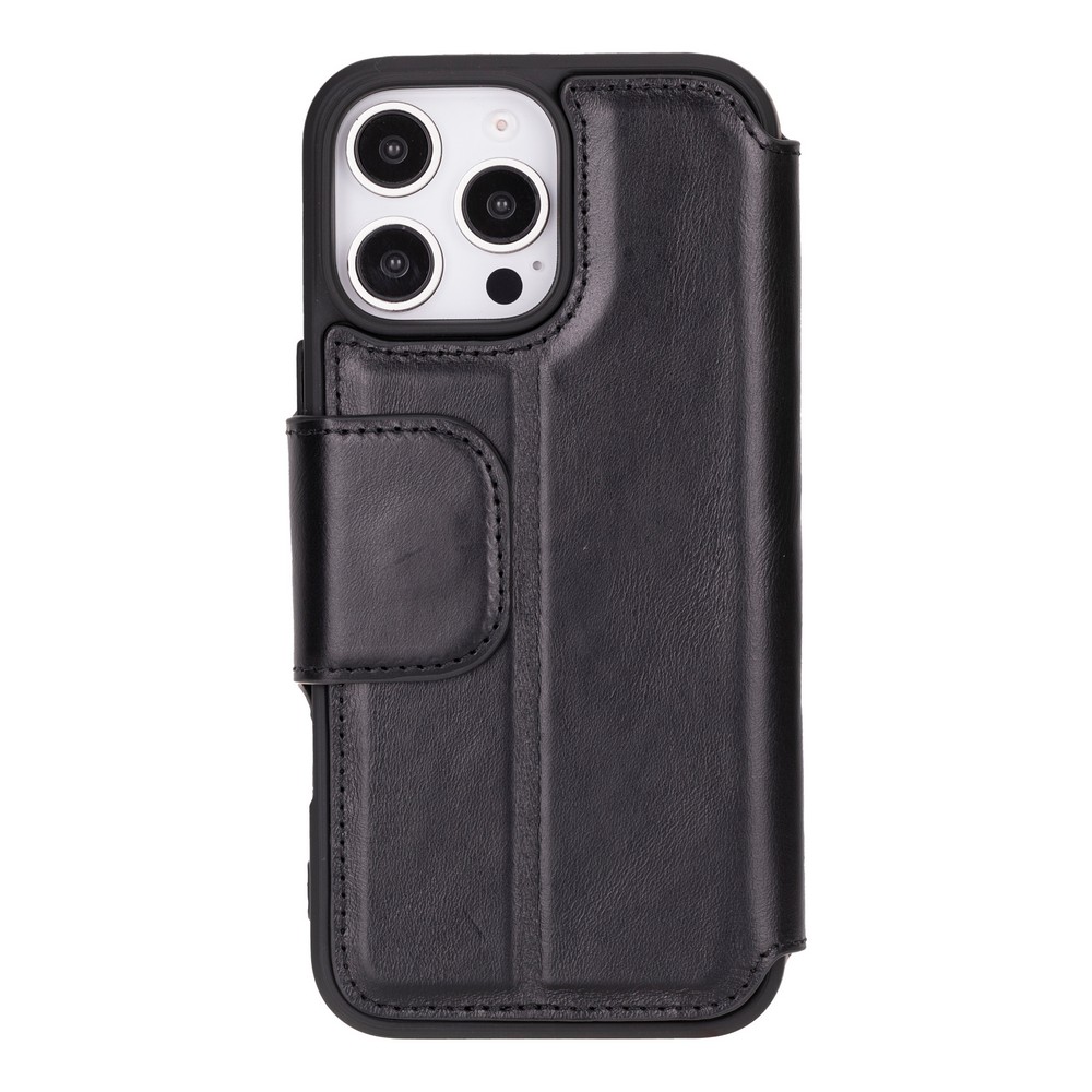 Apple iPhone 16 Pro Max uyumlu, Hakiki Deri, El Yapımı, Cüzdanlı Kılıf, Parlak Siyah