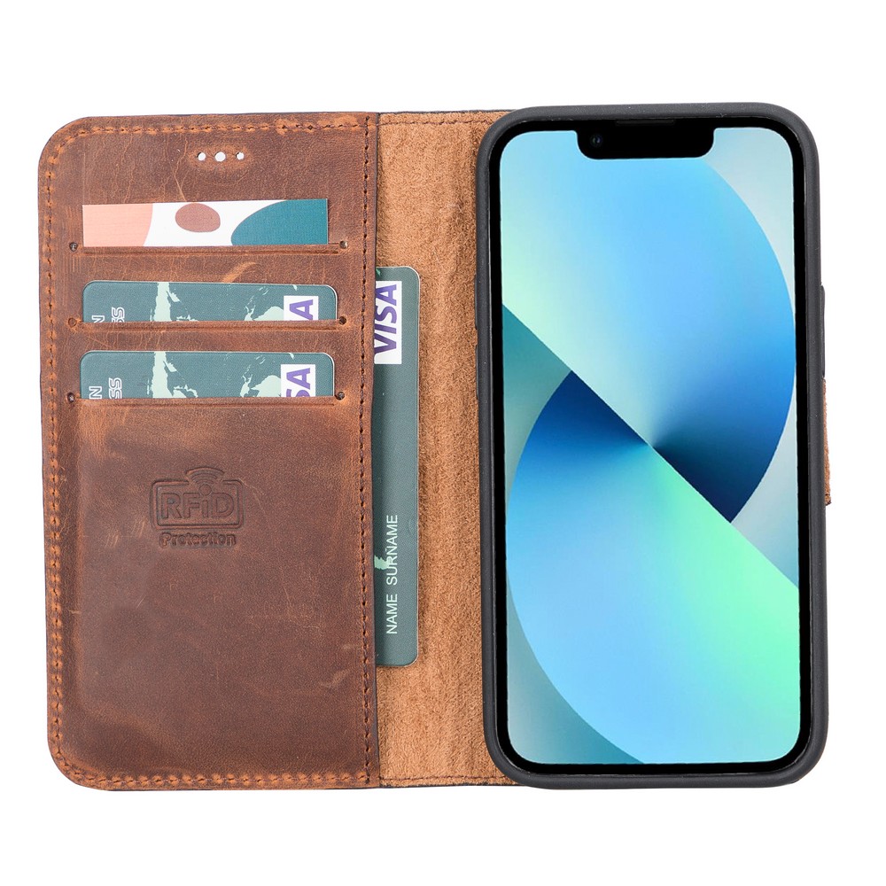 Apple iPhone 12 mini Uyumlu Deri Cüzdanlı Kılıf G2 Antik Kahve