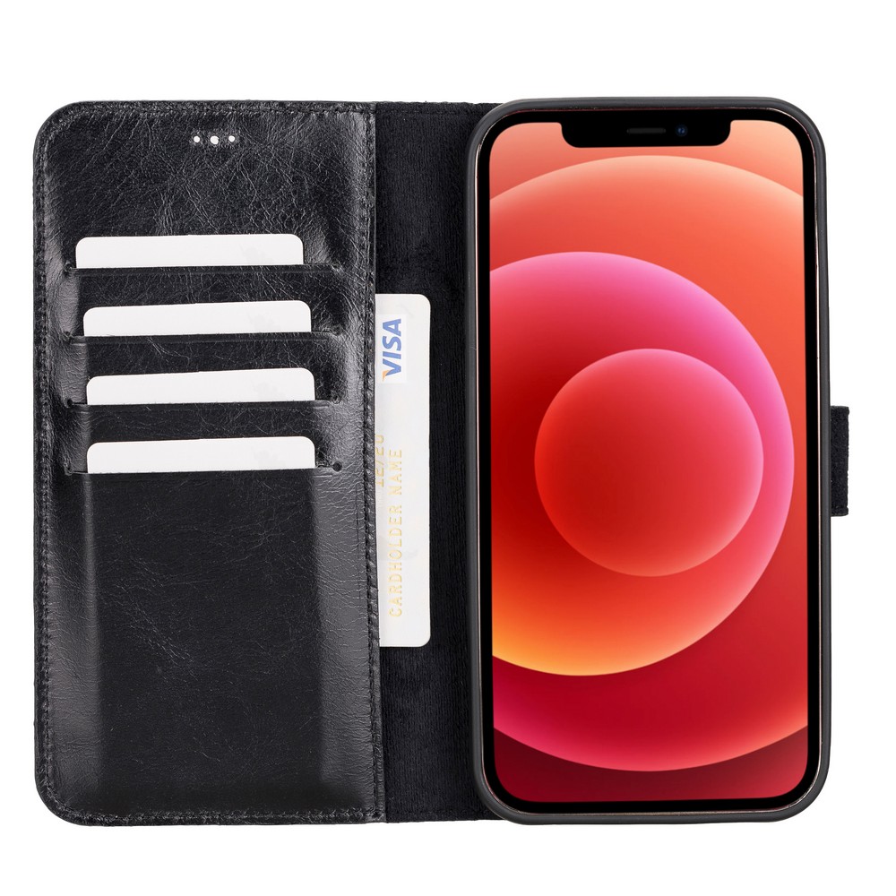 Apple iPhone 12 Pro Max Uyumlu Deri Cüzdanlı Kılıf RST1 Siyah