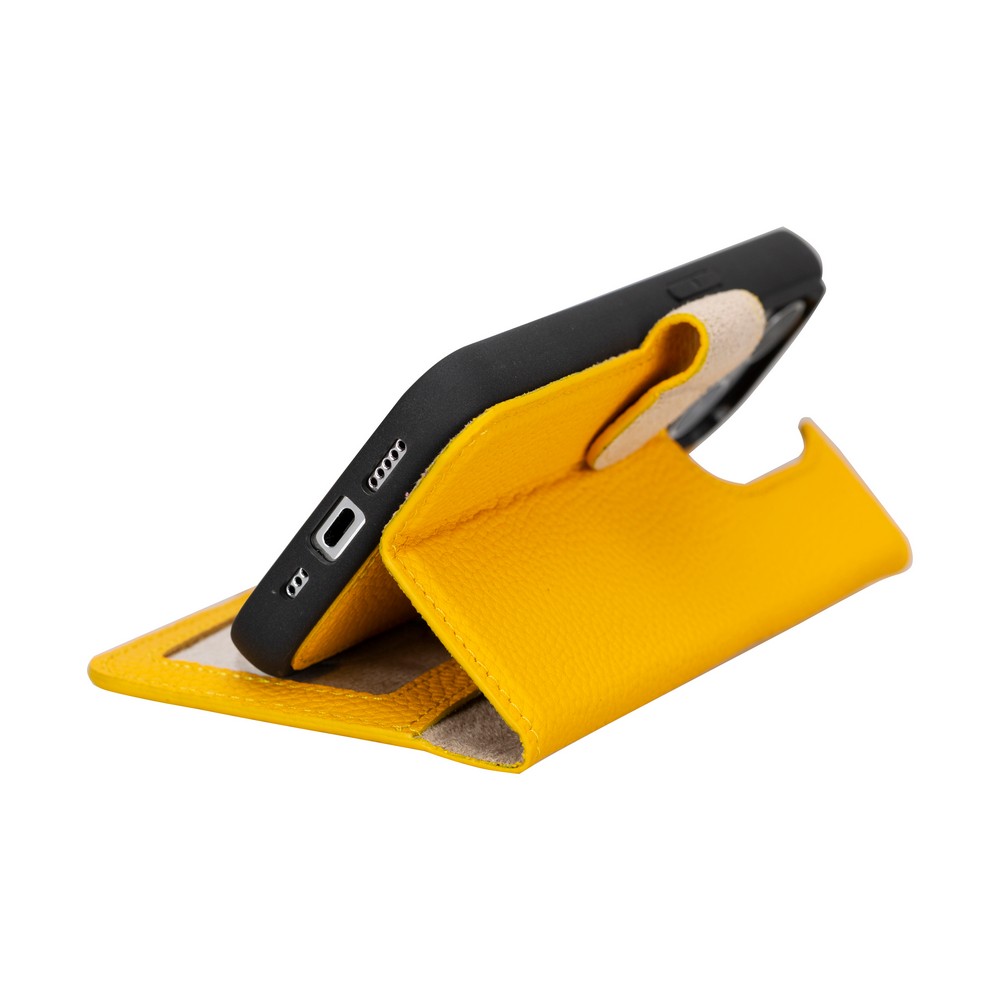 Apple iPhone 15 Pro Uyumlu Deri Cüzdanlı Kılıf MWWN FL12 Sarı