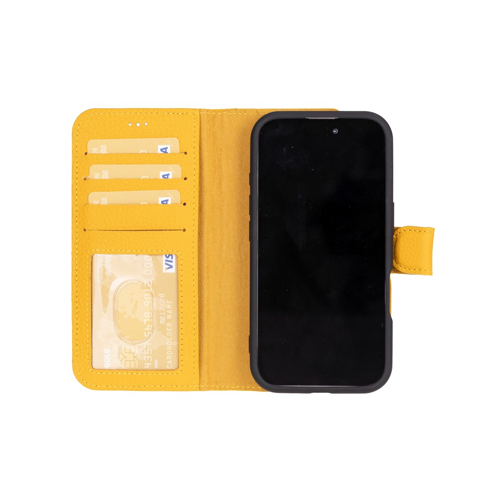 Apple iPhone 16 uyumlu, Hakiki Deri, El Yapımı, Cüzdanlı Kılıf, Limon Sarı