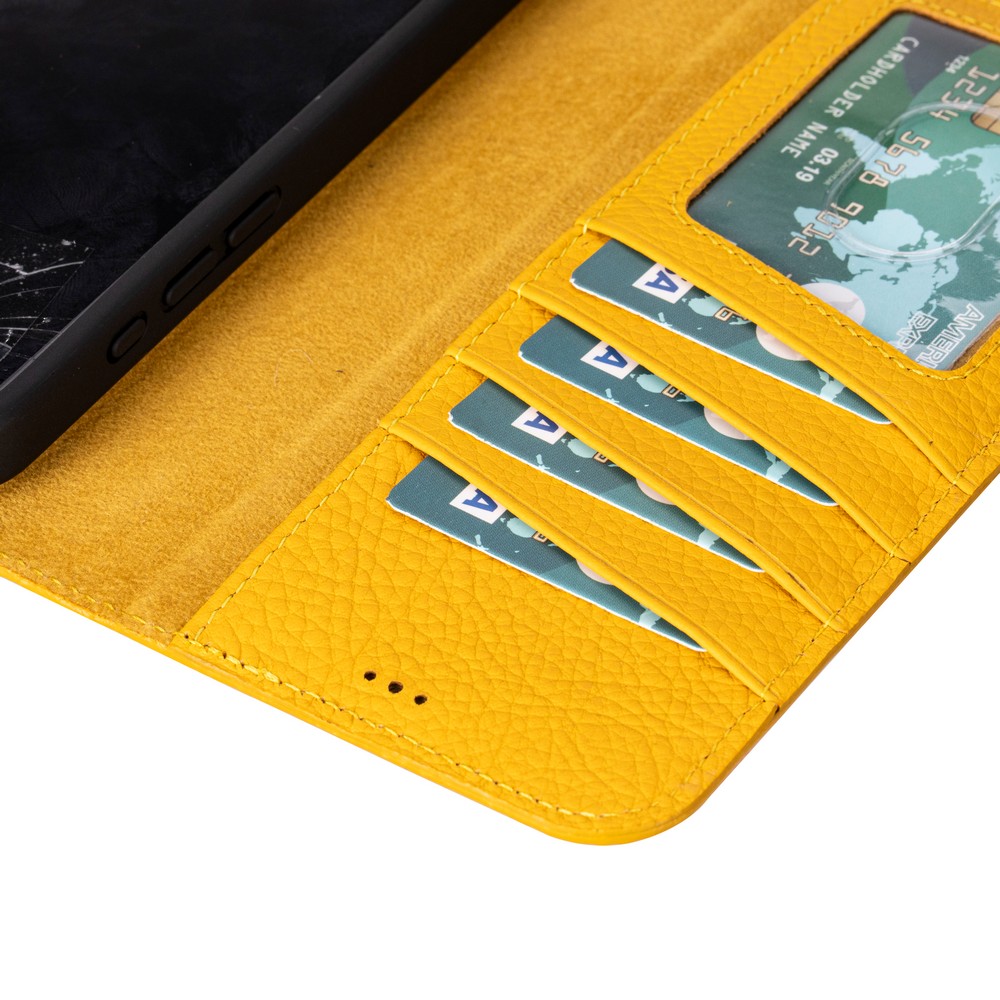 Apple iPhone 16 Pro uyumlu, Hakiki Deri, El Yapımı, Cüzdanlı Kılıf, Limon Sarı