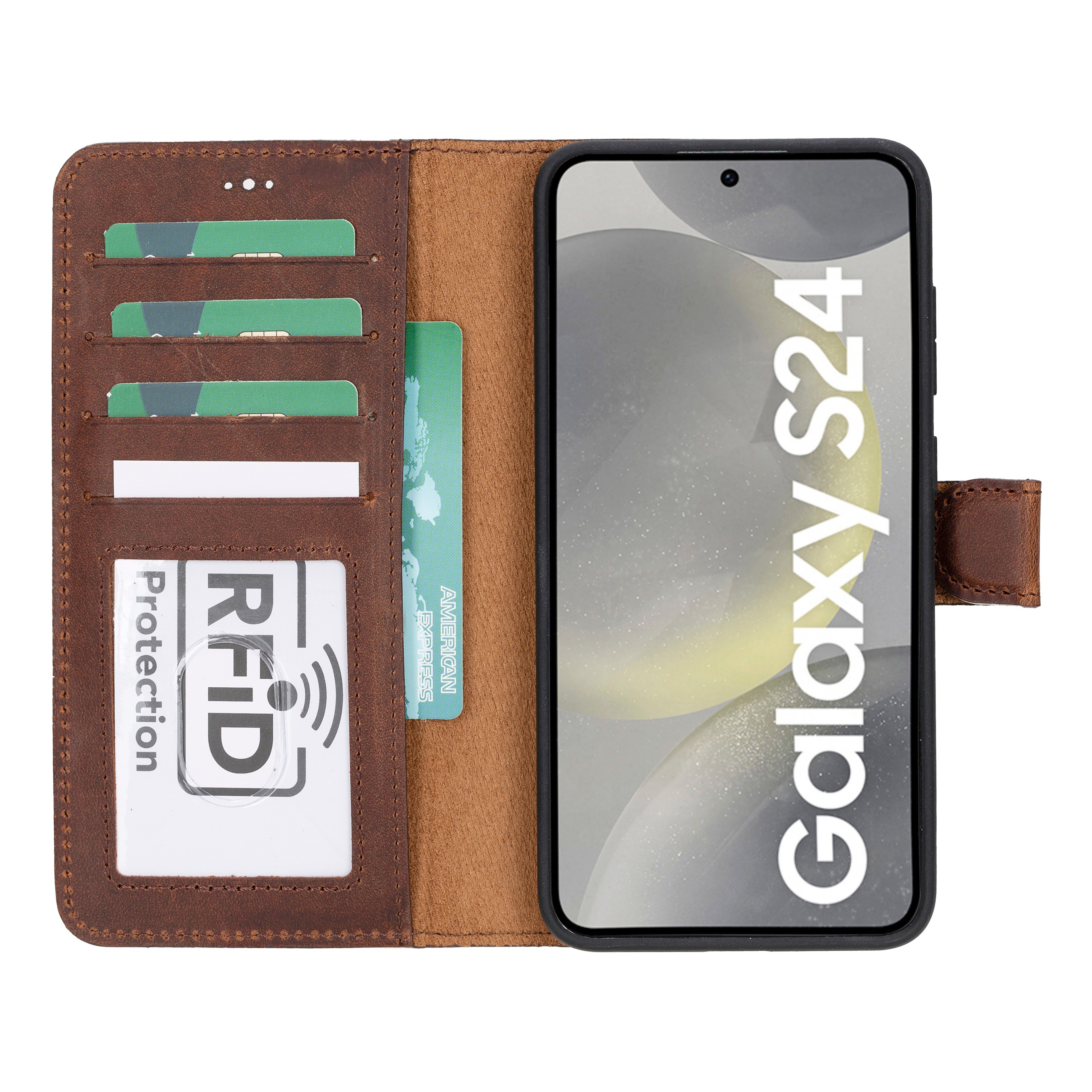 Samsung Galaxy S24 Plus Uyumlu, Deri Cüzdanlı Kılıf, Antik Kahve