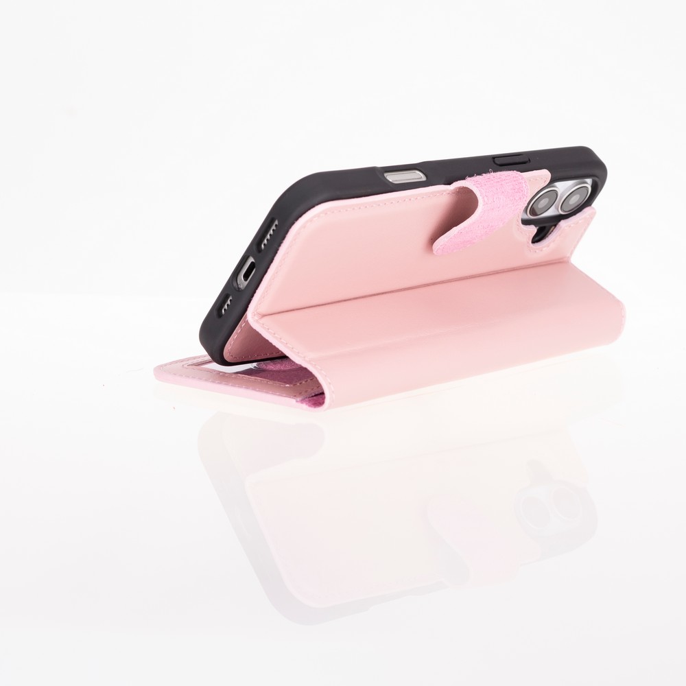 Apple iPhone 16 uyumlu, Hakiki Deri, El Yapımı, Cüzdanlı Kılıf, Toz Pembe