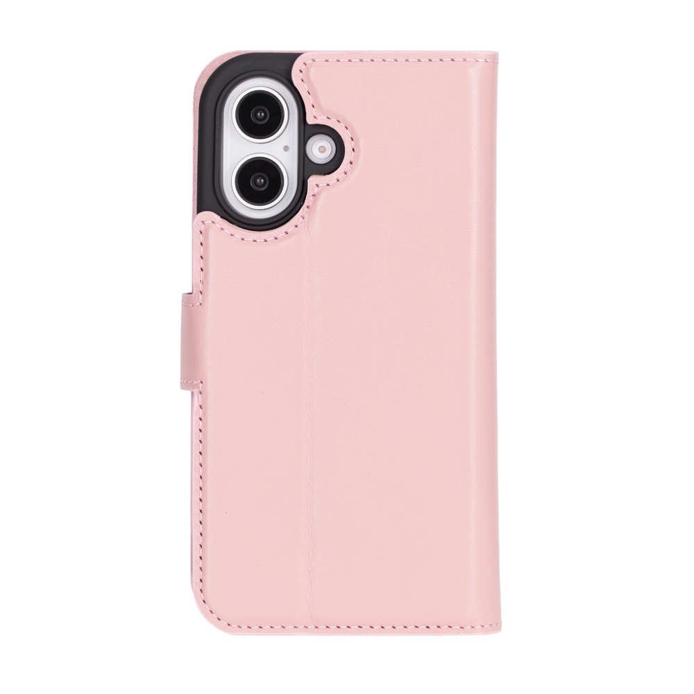 Apple iPhone 16 uyumlu, Hakiki Deri, El Yapımı, Cüzdanlı Kılıf, Toz Pembe