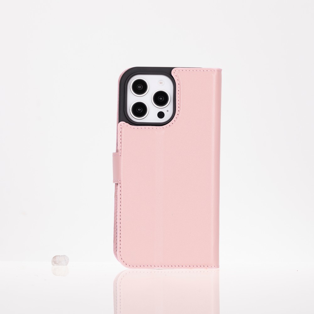 Apple iPhone 16 Pro uyumlu, Hakiki Deri, El Yapımı, Cüzdanlı Kılıf, Toz Pembe