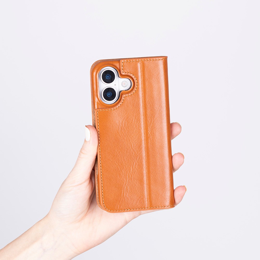 Apple iPhone 17 için, Hakiki Deri, El Yapımı, Cüzdanlı Slim Kılıf, Mag safe ile uyumlu, İç Yüzeyi Kadife, Gölgeli Taba