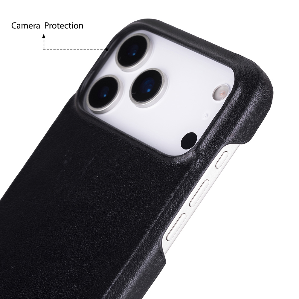 Apple iPhone 17 Pro Max için, Hakiki Deri, El Yapımı Kılıf, Magsafe ile uyumlu, İç Yüzeyi Kadife, Kömür Siyah