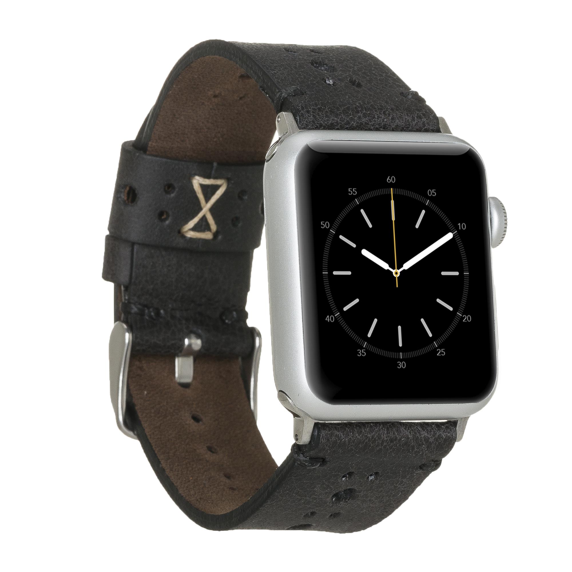 Apple Watch Uyumlu Deri Kordon 42-44-45mm Delikli Siyah