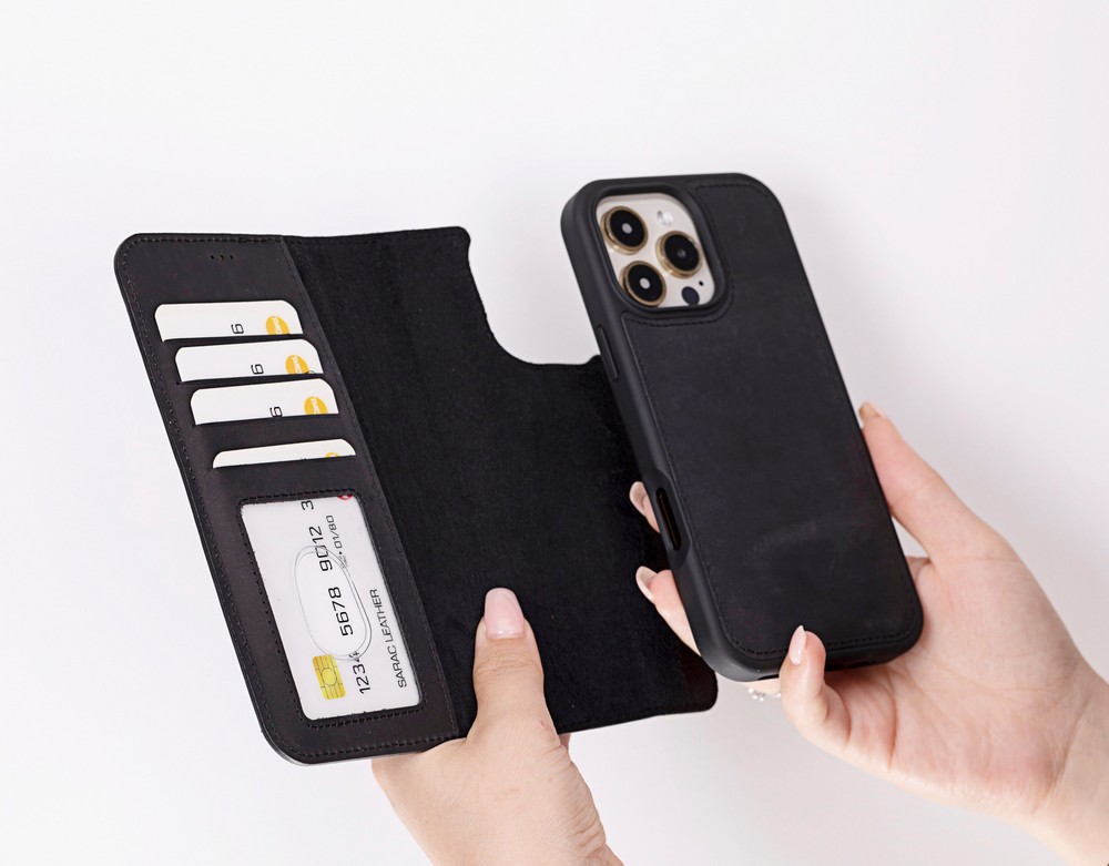 Apple iPhone 16 Pro uyumlu, Hakiki Deri, El Yapımı, Cüzdanlı Kılıf, Mat Siyah