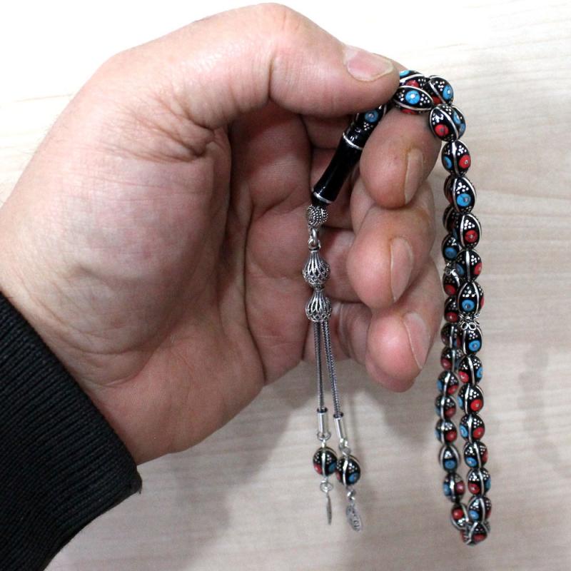 Firuze Mercan ve Gümüş İşlemeli Arpa Kesim Erzurum Oltu Taşı Tesbih