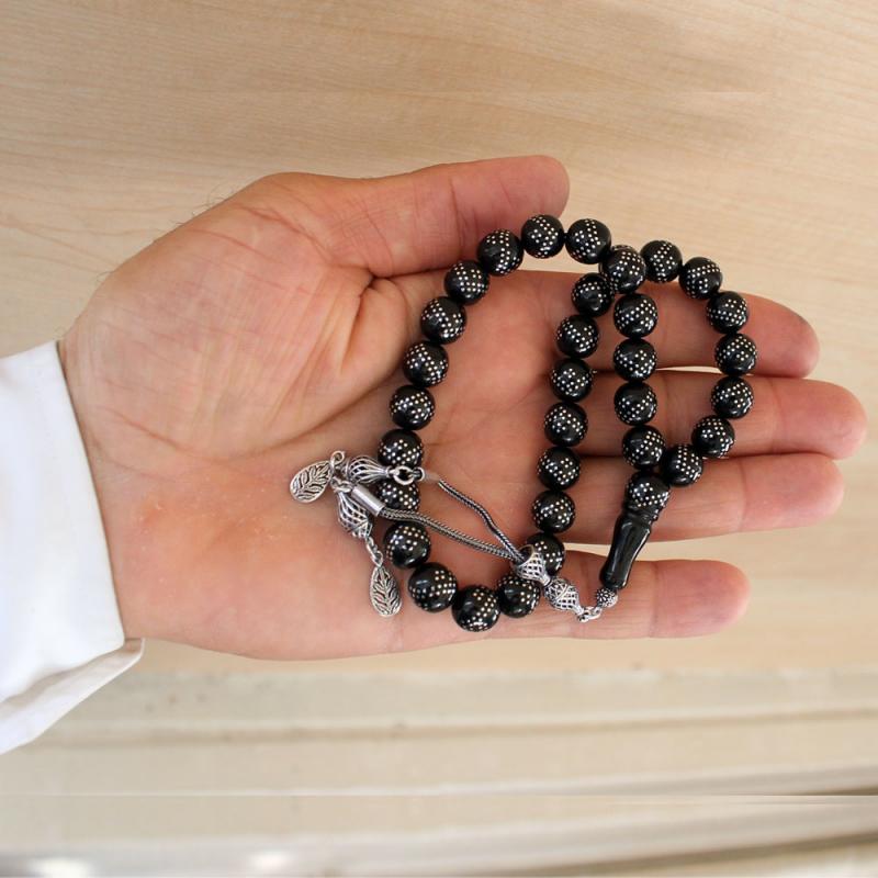 Gümüş Kakma Çift Sıra İşlemeli Oltu Tesbih Taş Menşei Gürcistan