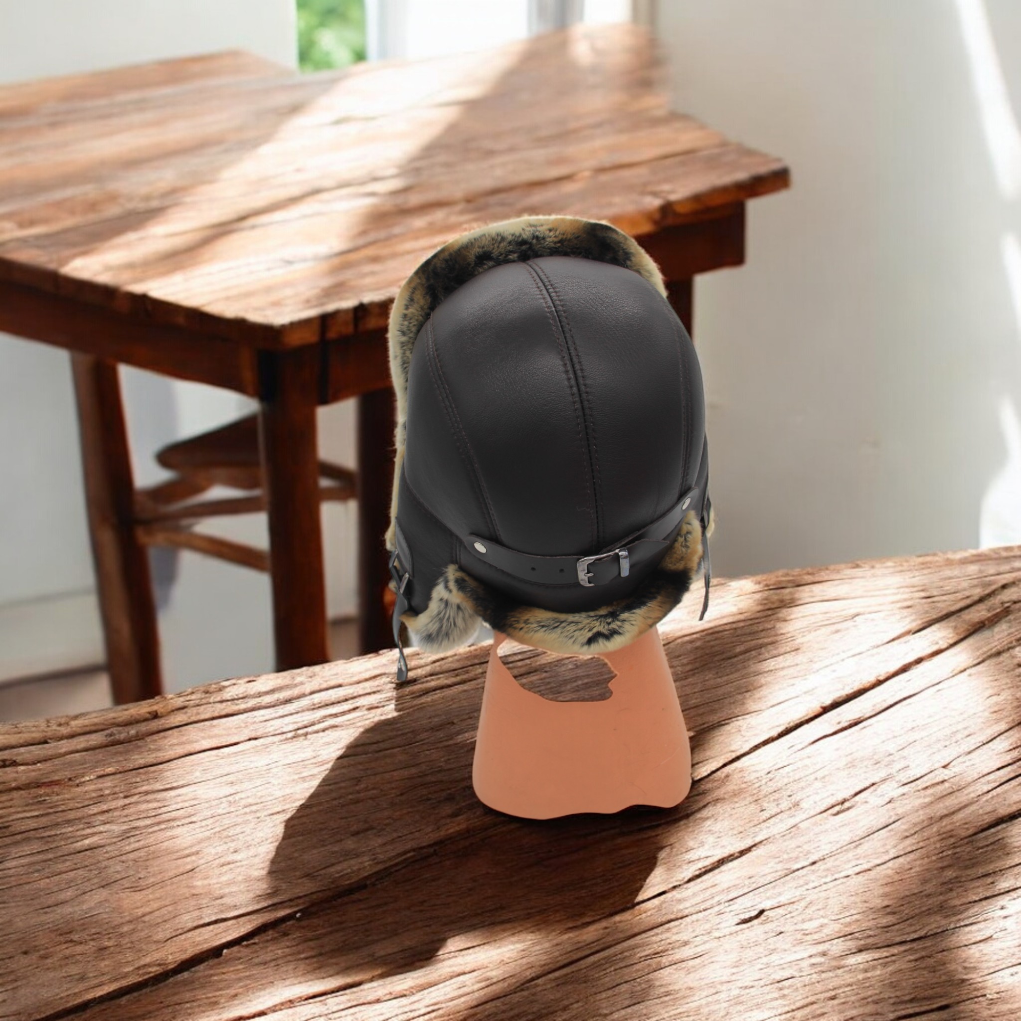 Gerçek Tavşan Kürklü Ushanka Deri Pilot Şapka Ayarlanabilir Tokalı Kışlık Outdoor Şapka Rex Model