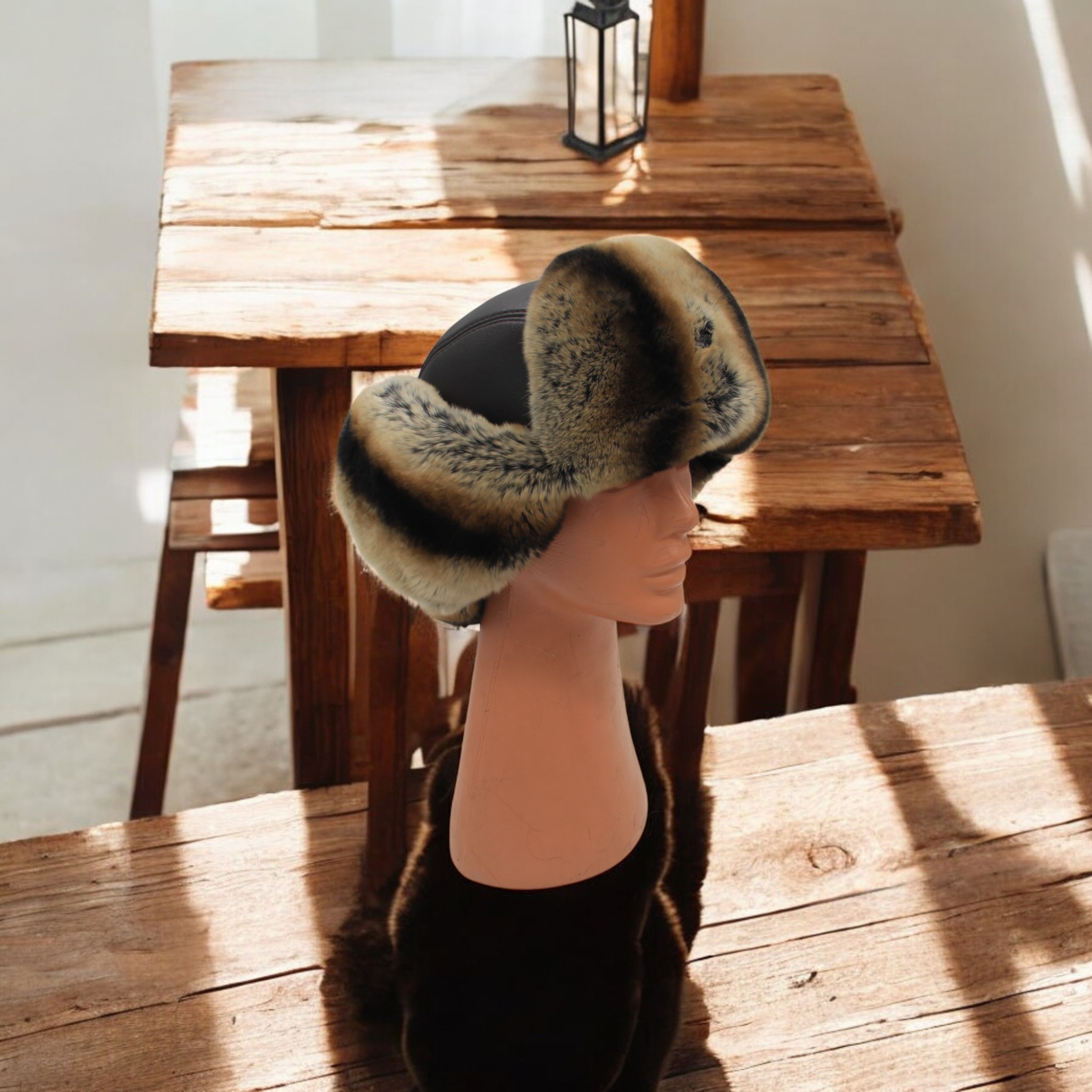 Gerçek Tavşan Kürklü Ushanka Deri Pilot Şapka Ayarlanabilir Tokalı Kışlık Outdoor Şapka Rex Model