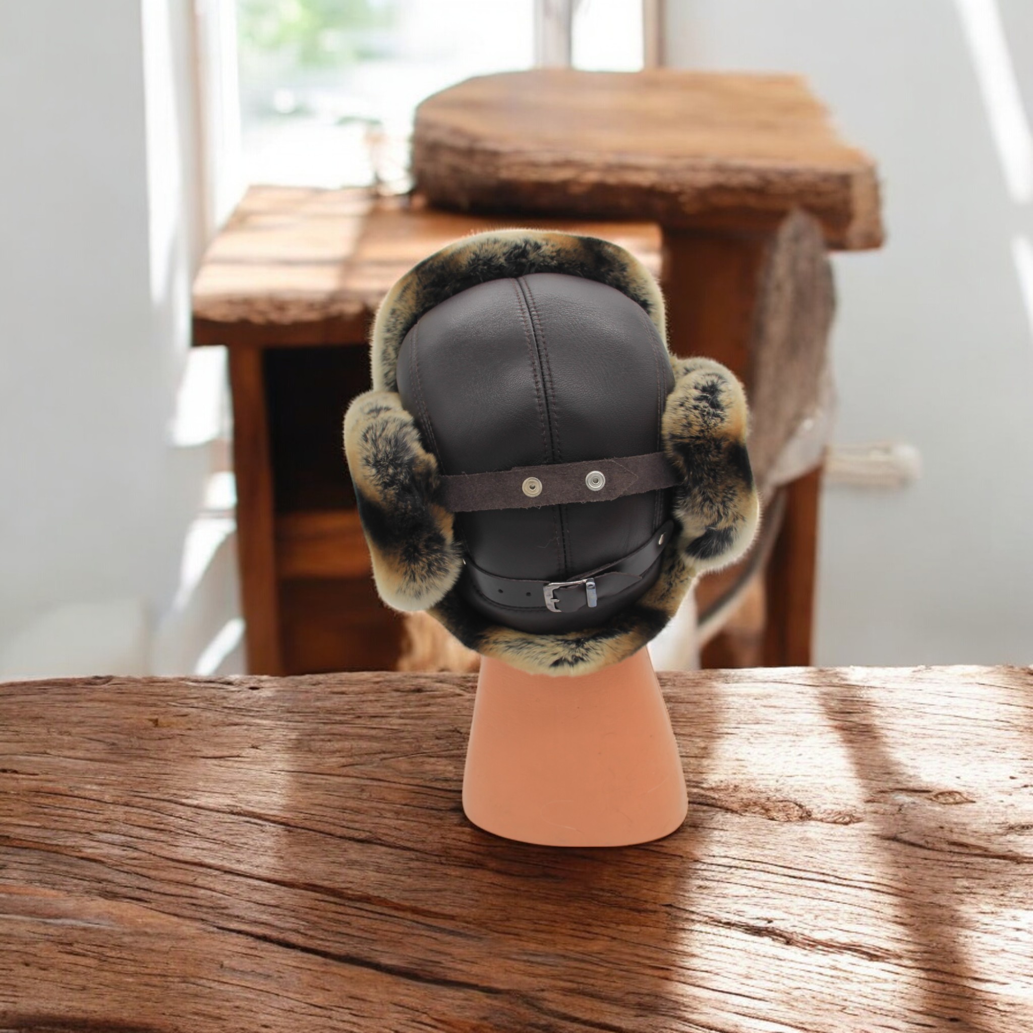 Gerçek Tavşan Kürklü Ushanka Deri Pilot Şapka Ayarlanabilir Tokalı Kışlık Outdoor Şapka Rex Model