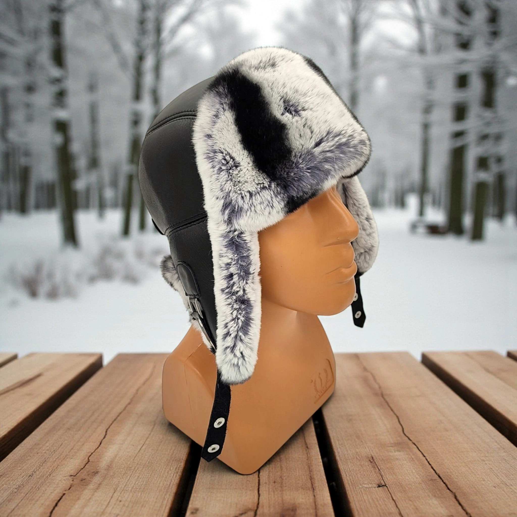 Gerçek Tavşan Kürklü Ushanka Deri Pilot Şapka Ayarlanabilir Tokalı Kışlık Outdoor Şapka Rex Model Gri