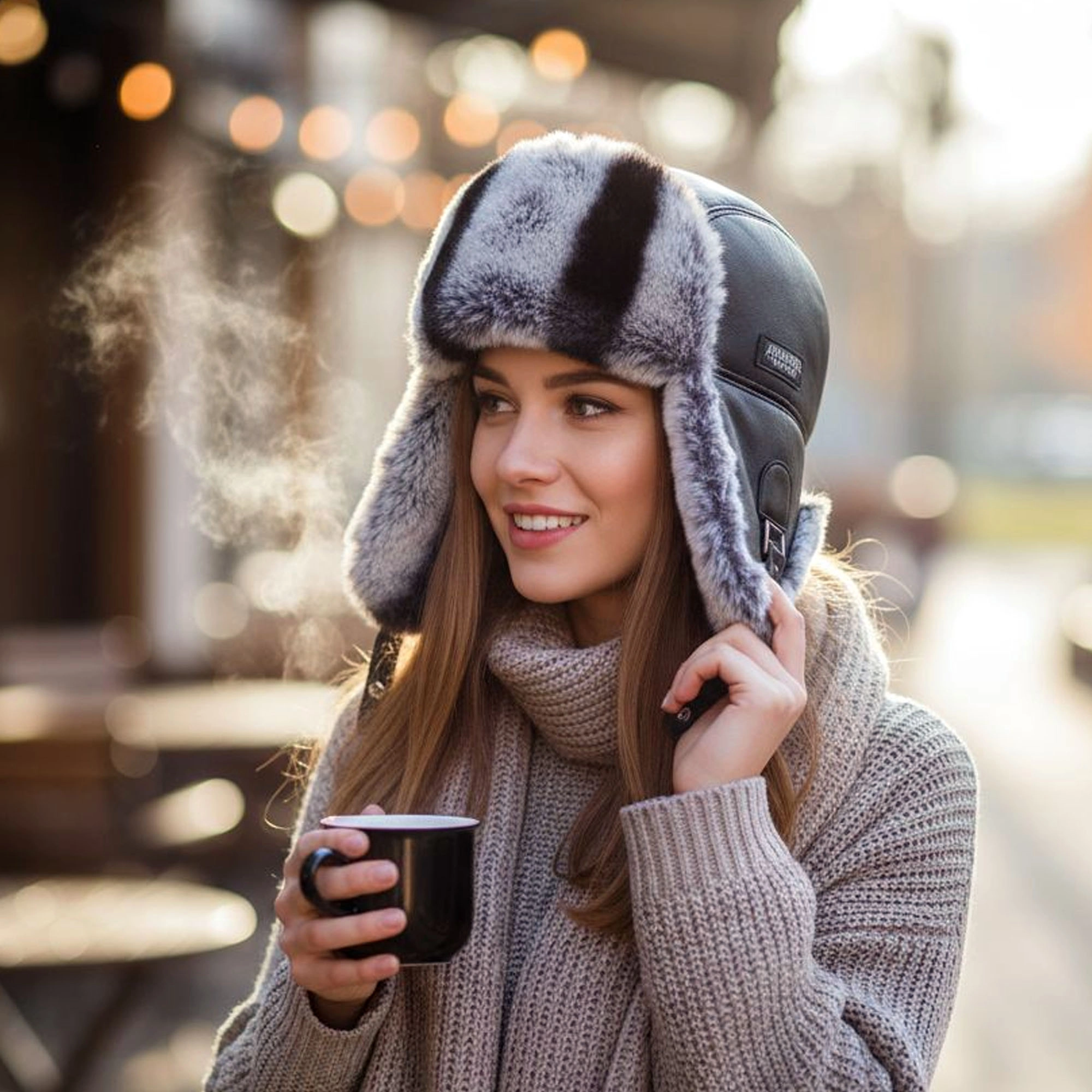 Gerçek Tavşan Kürklü Ushanka Deri Pilot Şapka Ayarlanabilir Tokalı Kışlık Outdoor Şapka Rex Model Gri