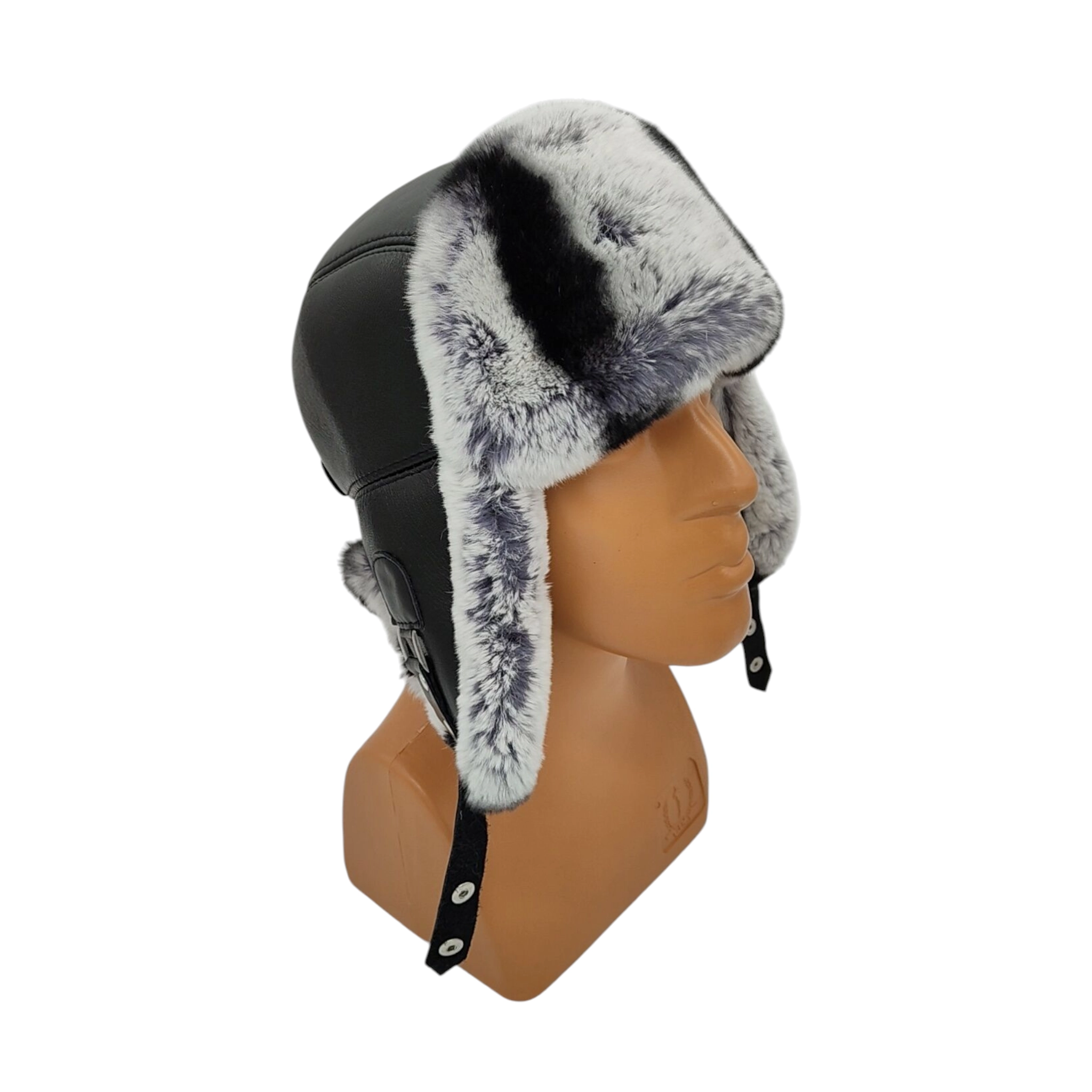 Gerçek Tavşan Kürklü Ushanka Deri Pilot Şapka Ayarlanabilir Tokalı Kışlık Outdoor Şapka Rex Model Gri