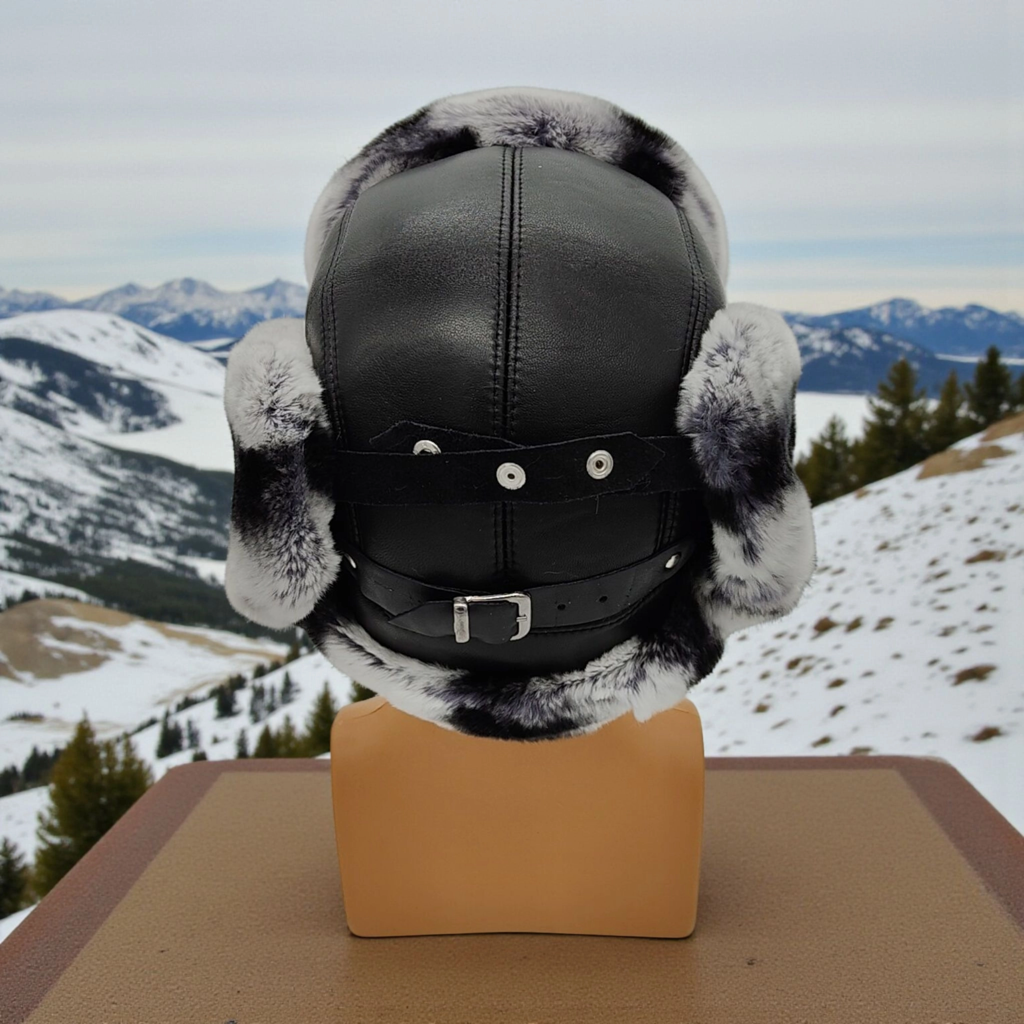 Gerçek Tavşan Kürklü Ushanka Deri Pilot Şapka Ayarlanabilir Tokalı Kışlık Outdoor Şapka Rex Model Gri