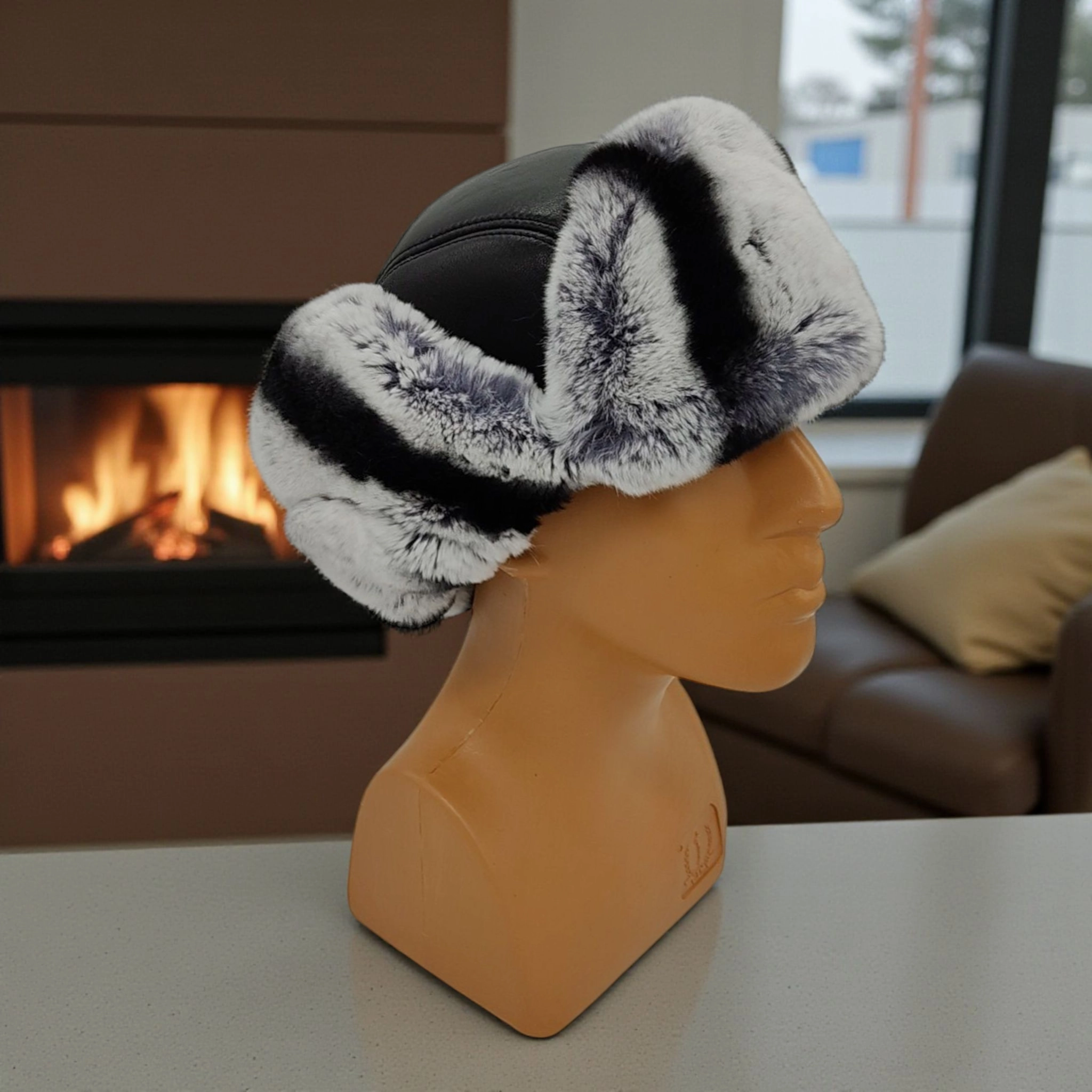 Gerçek Tavşan Kürklü Ushanka Deri Pilot Şapka Ayarlanabilir Tokalı Kışlık Outdoor Şapka Rex Model Gri
