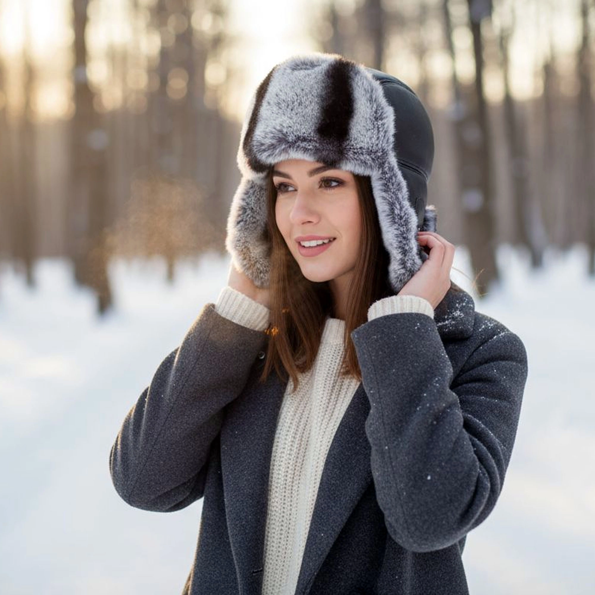Gerçek Tavşan Kürklü Ushanka Deri Pilot Şapka Ayarlanabilir Tokalı Kışlık Outdoor Şapka Rex Model Gri