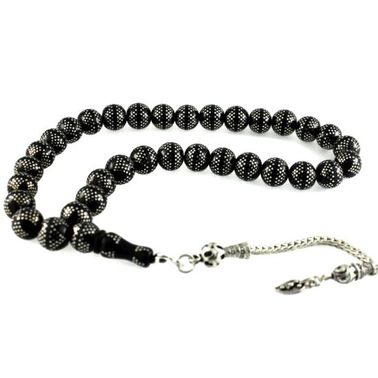 Yoğun Gümüş Kakma İşlemeli Piramit Desen Gürcistan Oltu Tesbih 03C16009