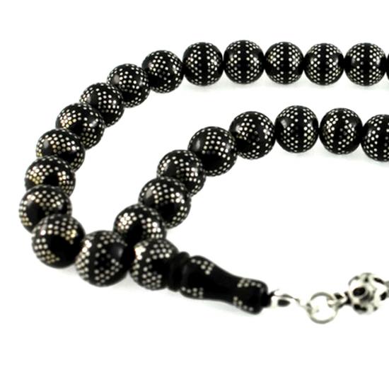 Yoğun Gümüş Kakma İşlemeli Piramit Desen Gürcistan Oltu Tesbih 03C16009