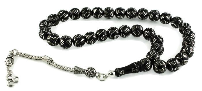 Yoğun Gümüş Kakma İşlemeli Fiyonk Desen Gürcistan Oltu Tesbih 06C14408