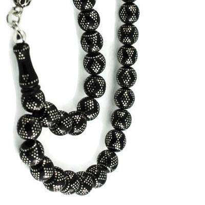 Yoğun Gümüş Kakma İşlemeli Fiyonk Desen Gürcistan Oltu Tesbih 06C14408