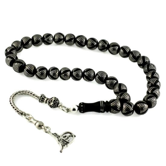 Yoğun Gümüş Kakma İşlemeli Piramit Desen Gürcistan Oltu Tesbih 09C14808