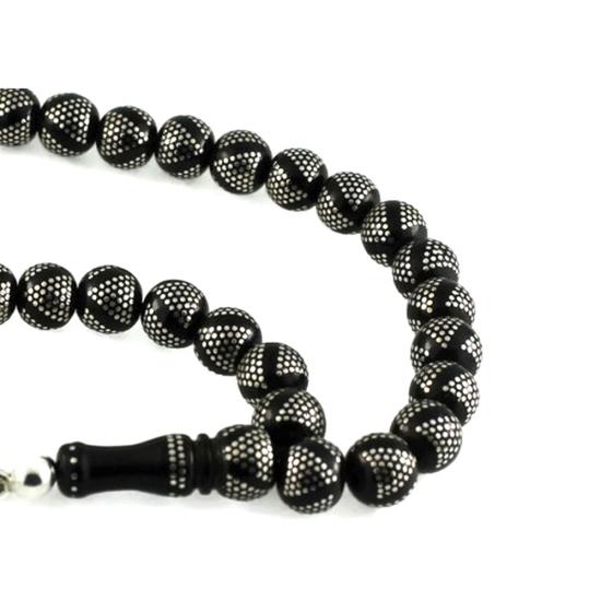 Yoğun Gümüş Kakma İşlemeli Piramit Desen Gürcistan Oltu Tesbih 09C14808