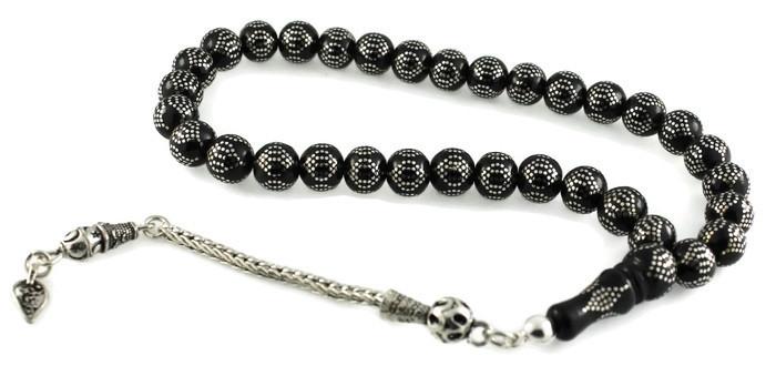 Yoğun Gümüş Kakma İşlemeli Dik Baklava Desen Gürcistan Oltu Tesbih 10C14808