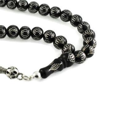 Yoğun Gümüş Kakma İşlemeli Dik Baklava Desen Gürcistan Oltu Tesbih 10C14808