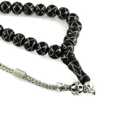 Yoğun Gümüş Kakma İşlemeli Gürcistan Oltu Tesbih 13C11608