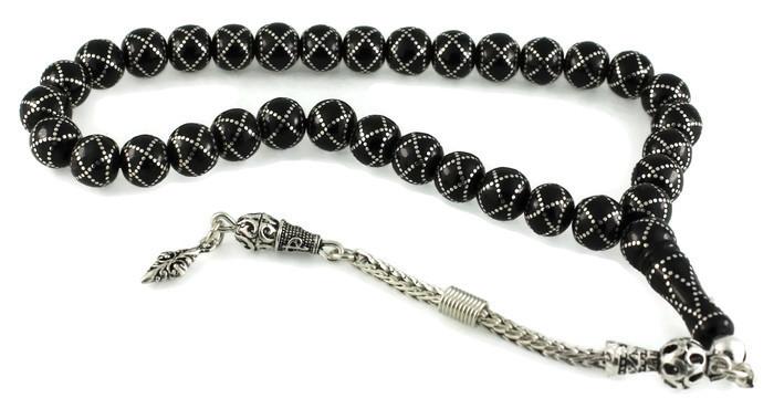 Yoğun Gümüş Kakma İşlemeli Gürcistan Oltu Tesbih 13C11608