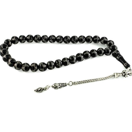 Yoğun Gümüş Kakma İşlemeli Piramit Desen Gürcistan Oltu Tesbih