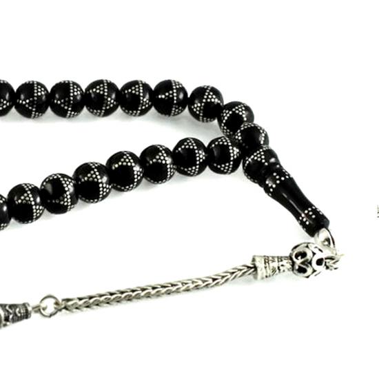 Yoğun Gümüş Kakma İşlemeli Piramit Desen Gürcistan Oltu Tesbih