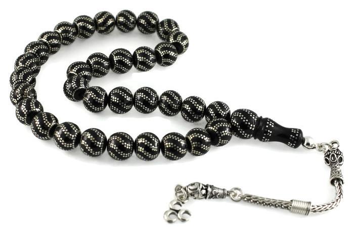 Yoğun Gümüş Kakma İşlemeli Çeşmi Desen Gürcistan Oltu Tesbih 17C24009