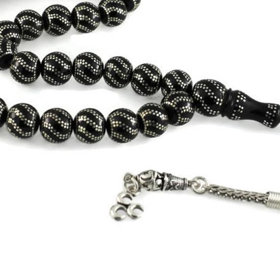 Yoğun Gümüş Kakma İşlemeli Çeşmi Desen Gürcistan Oltu Tesbih 17C24009