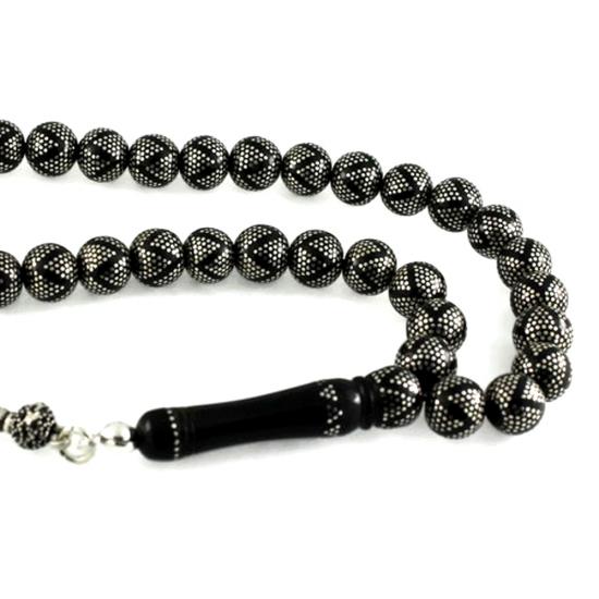 Yoğun Gümüş Kakma İşlemeli Piramit Desen Gürcistan Oltu Tesbih