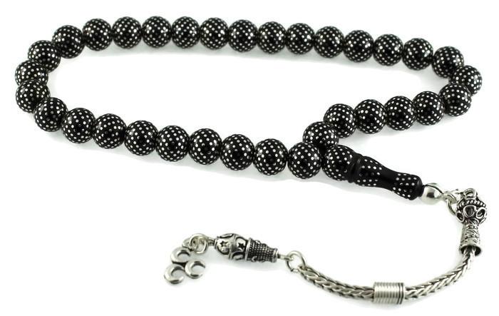 Yoğun Gümüş Kakma İşlemeli Çeşm-i Bübül Desen Gürcistan Oltu Tesbih 21C12009