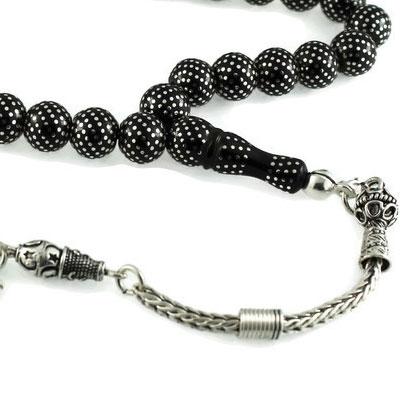 Yoğun Gümüş Kakma İşlemeli Çeşm-i Bübül Desen Gürcistan Oltu Tesbih 21C12009