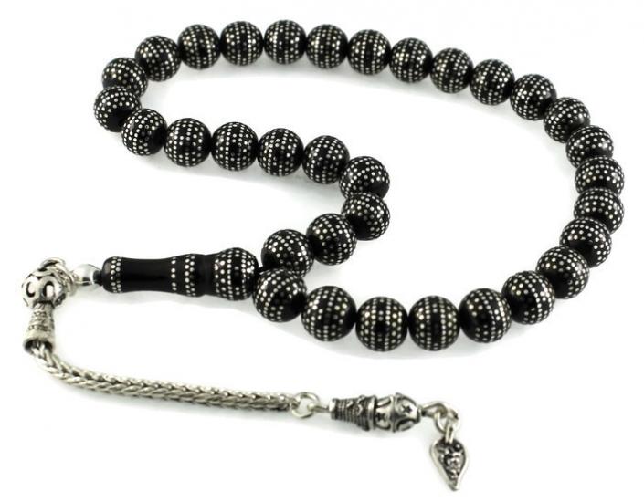 Yoğun Gümüş Kakma İşlemeli Gürcistan Oltu Tesbih 22C14808