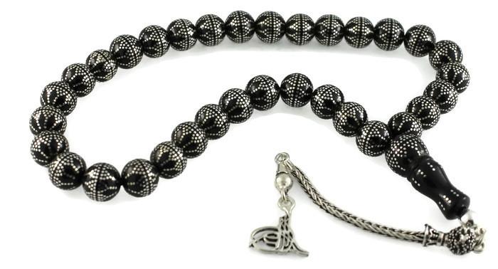 Yoğun Gümüş Kakma İşlemeli Ağır Kupa Desen Gürcistan Oltu Tesbih 23C24009